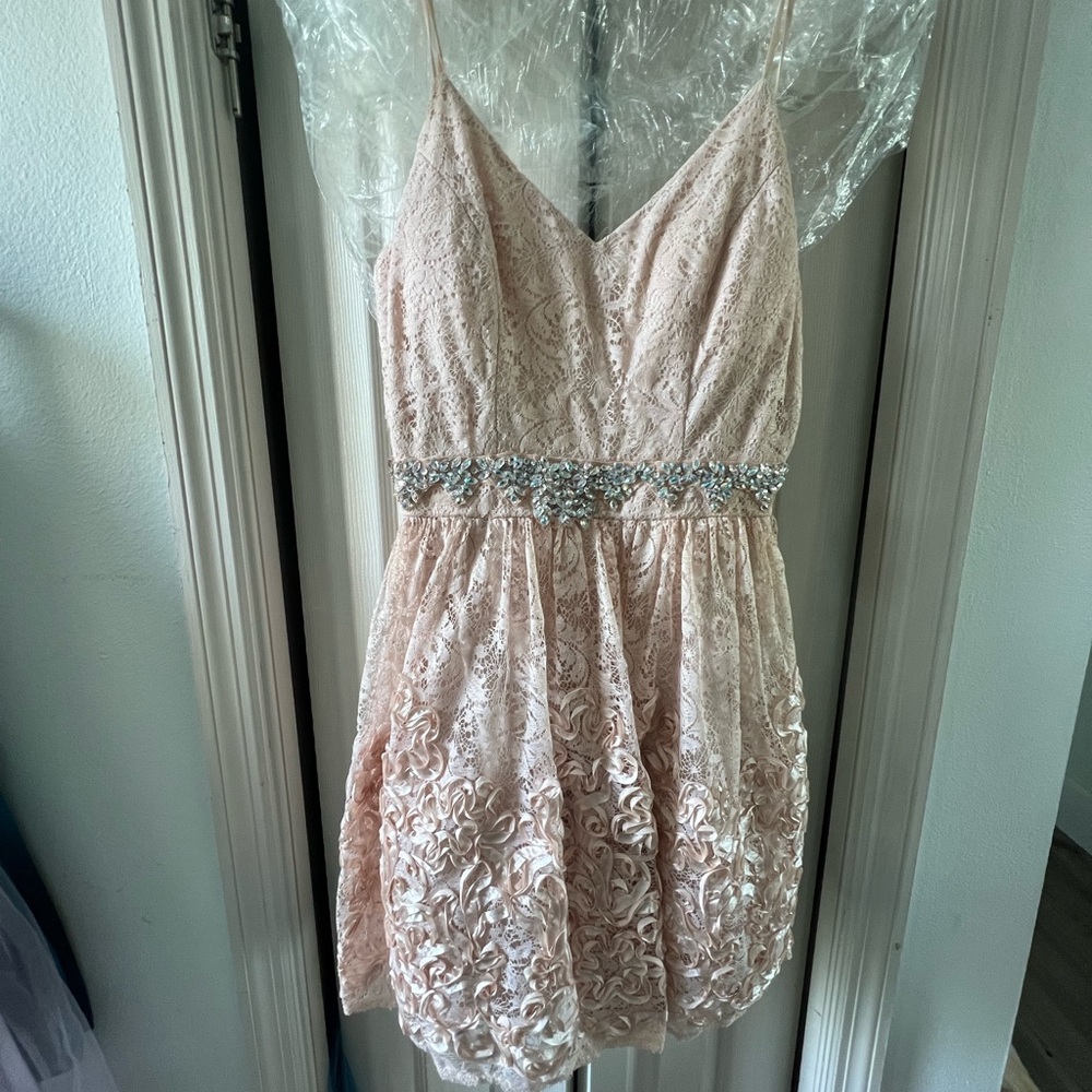 Blush lace overlay mini dress with crystal and silk ribbon embellishment.